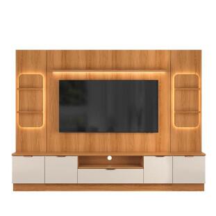 Estante Home + 2 Torres Sala 270cm Para TV 75 Pol Atenas Lukaliam Jequitiba/Off White