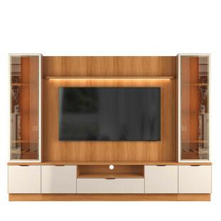 Estante Home + 2 Cristaleiras Sala 270cm Para TV 75 Pol Atenas Lukaliam Jequitiba/Off White