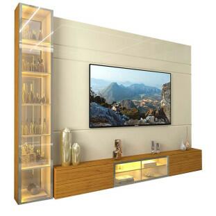 Home Com Cristaleira Para TV 85 Pol Com LED 255cm Luminare Gelius Off White/Naturale 