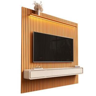Home Painel Ripado TV 85 Com LED Sala 230cm Trevi 2.3 EDN Cedro/Off White