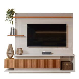 Estante Home Sala 210cm Para TV 65 Istambul Lukaliam Off White/Jequitiba Ripado 3D