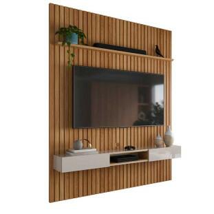 Painel Ripado Bali 190cm x 250cm Para TV 75 Com Bancada Bless Lukaliam Freijo/Off White