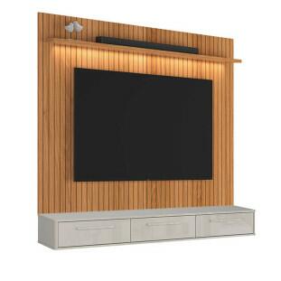 Painel Évora para TV 75” com Bancada Bali 180cm Lukaliam Jequitiba Ripado 3D/Off White