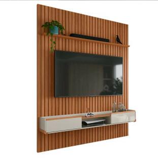Painel Ripado Bali 190cm x 250cm Para TV 75 Com Bancada Atlas Lukaliam Jequitiba/Off White
