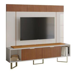 Rack Com Painel Para TV 75 Polegadas Sagary 2.1 EAX Móveis Off White/Tauari Ripado