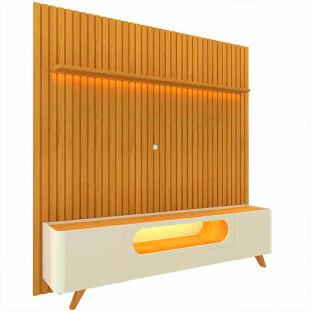 Rack Nobre Pés Madeira Com Painel Ripado Nobre TV 85 Pol 230x250 Gelius Naturale/Off White