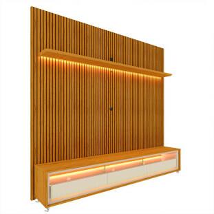 Rack Com Painel Ripado 3D TV 75 Polegadas 224cm Requinte Rodízios Gelius Naturale/Off White