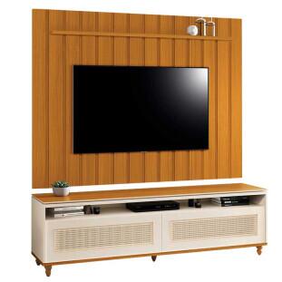 Rack Com Painel Ripado 180cm Para TV 75 Polegadas Hannover Brise 1.8 EDN Off White/Cedro