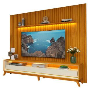 Rack Requinte 260 Pés Madeira com Painel Ripado Nobre LED 275cm TV 85 Polegadas Gelius Naturale/Off White