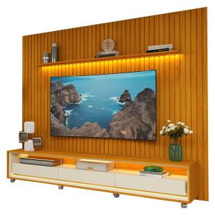 Rack Requinte 260 Pés Rodízios com Painel Ripado Nobre LED 275cm TV 85 Polegadas Gelius Naturale/Off White