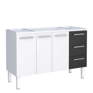 Gabinete de Aço Para Pia de 140cm 3 Gavetas 134x92x52cm Vênus Cozimax Branco/Preto