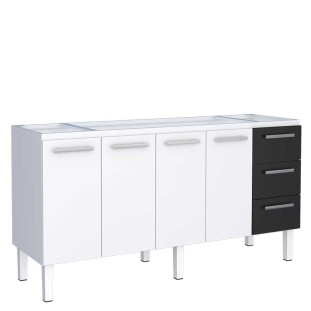 Gabinete de Aço Para Pia de 200cm 3 Gavetas 192x92x52cm Vênus Cozimax Branco/Preto