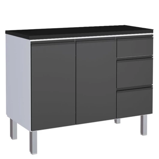 Balcão Para Cozinha de Aço 2 Portas 3 Gavetas e Porta Tempero Gaia 120cm Com Tampo Cozimax Preto