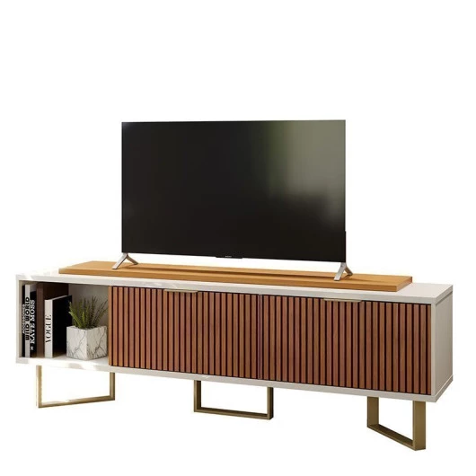 Rack Para TV 65 Polegadas Sagary 1.8 EAX Móveis Off White/Tauari Ripado
