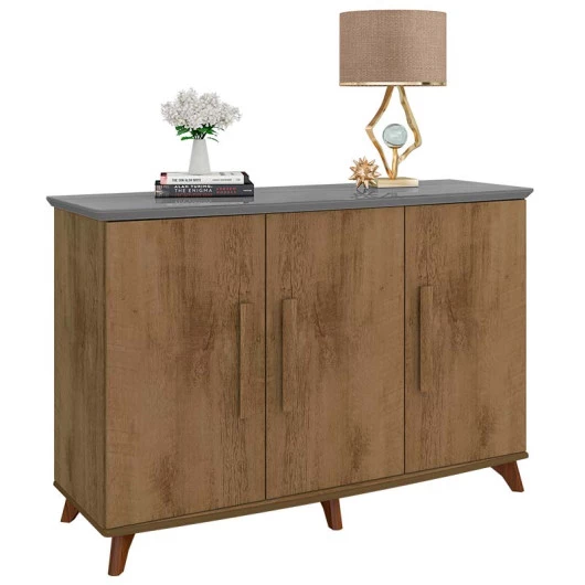 Buffet Aparador 137cm 3 Portas Tampo de Vidro Diamante RV Móveis Cinamomo/Grafite