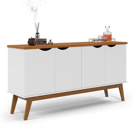 Buffet Aparador 160cm 4 Portas Pés Madeira Prism Patrimar Branco/Cumaru