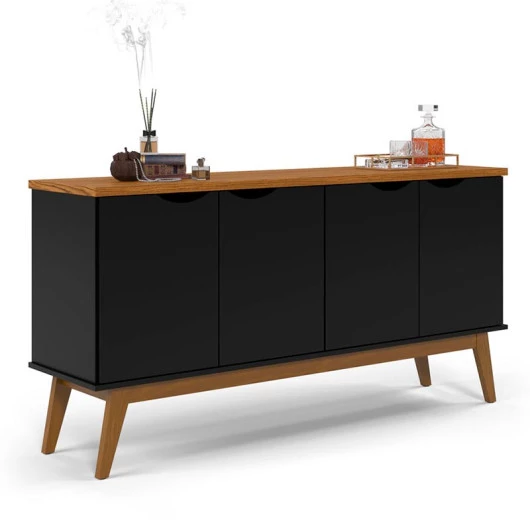 Buffet Aparador 160cm 4 Portas Pés Madeira Prism Patrimar Preto/Cumaru