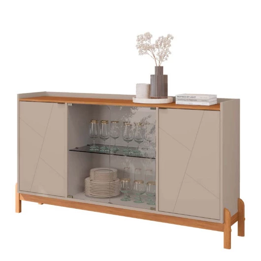 Buffet Cristaleira 1.7 Porta de Vidro Sala de Jantar Bari Casa D Off White/Cedro