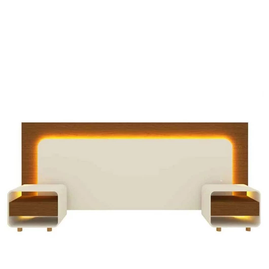 Cabeceira Para Cama Box de Casal Queen e King com 2 Mesas de Cabeceiras Innova Gelius Castanho/Off White