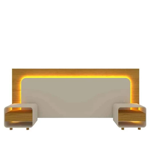 Cabeceira Para Cama Box de Casal Queen e King com 2 Mesas de Cabeceiras Innova Gelius Naturale/Off White