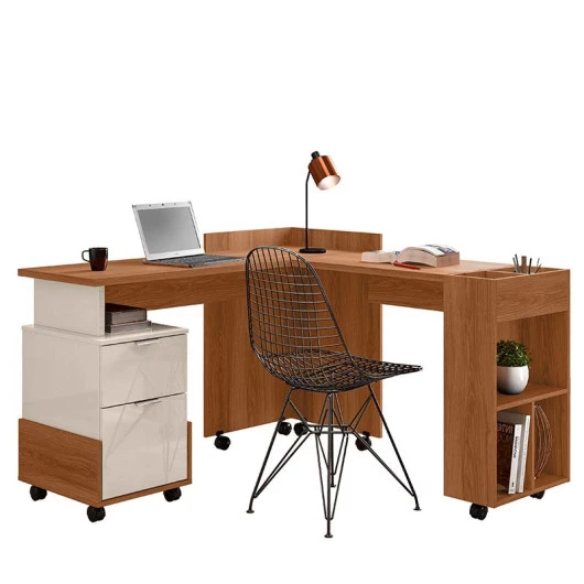 Mesa em L Para Escritório Quarto Computador 138x144cm Alessa Lukaliam Jequitiba/Off White
