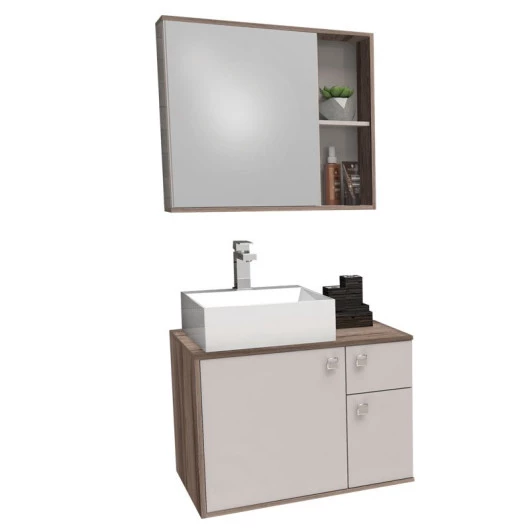 Conjunto de Banheiro Gabinete Caeté 60 com Cuba Cubo e Espelho Cozimax Nude/Tamarindo