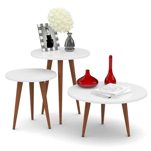 Conjunto com 3 Mesas Apoio Lateral e Centro Redonda Legs Patrimar Branco