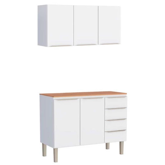 Cozinha Completa Aço Balcão com Tampo Jequitibá e Armário Aéreo 120 Flora Cozimax Branco