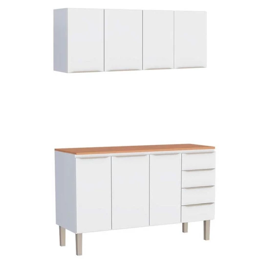 Cozinha Completa Aço Balcão com Tampo Jequitibá e Armário Aéreo 150 Flora Cozimax Branco