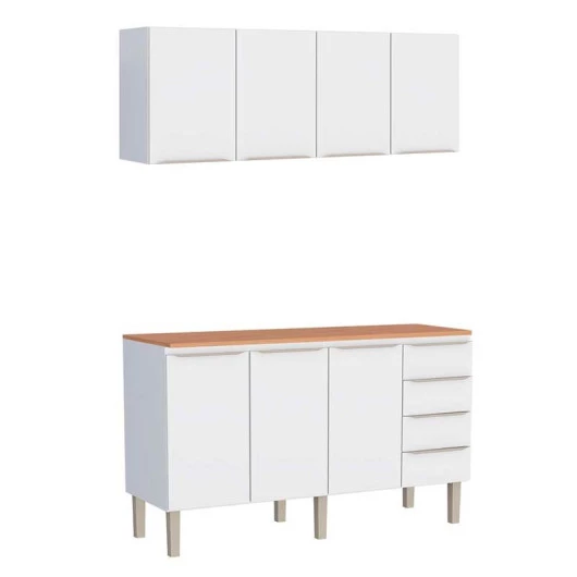 Cozinha Completa Aço Balcão com Tampo Jequitibá e Armário Aéreo 160 Flora Cozimax Branco