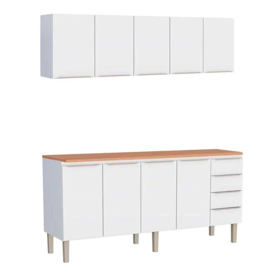 Cozinha Completa Aço Balcão com Tampo Jequitibá e Armário Aéreo 200 Flora Cozimax Branco