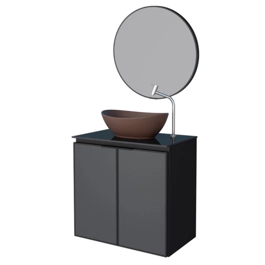 Conjunto Banheiro Aço Gabinete Umbu 60 Com Cuba Bali Marrom Espelho Luna Cozimax Preto