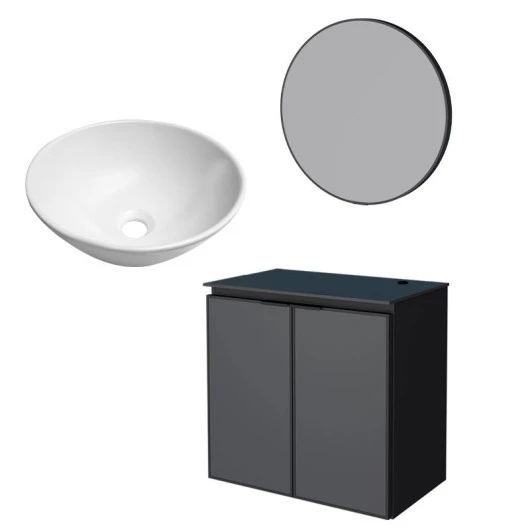 Conjunto Banheiro Aço Gabinete Umbu 60 Com Cuba Cuia Branca Espelho Luna Cozimax Preto