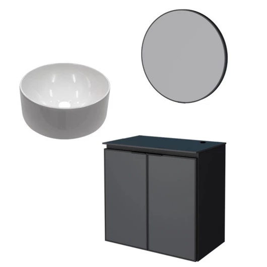 Conjunto Banheiro Aço Gabinete Umbu 60 Com Cuba Domo e Espelho Luna Cozimax Preto