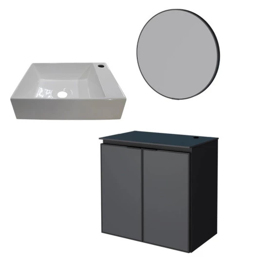 Conjunto Banheiro Aço Gabinete Umbu 60 Com Cuba Prisma Base e Espelho Luna Cozimax Preto 