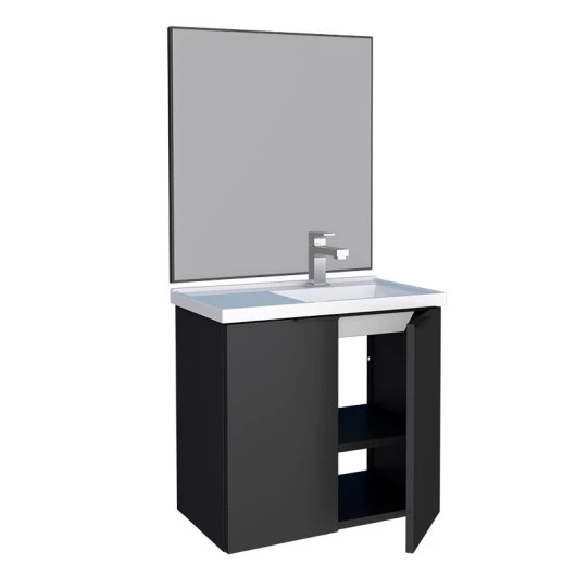 Conjunto Banheiro Aço Gabinete Umbu 60 Lavatório Com Espelho Bisotê Cozimax Preto