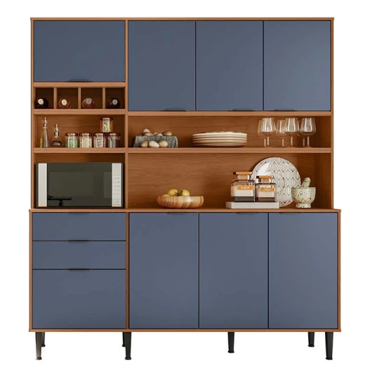 Cozinha Completa 180x200cm Com Adega 7 Portas 2 Gavetas Viena Lukaliam Jequitiba/Azul