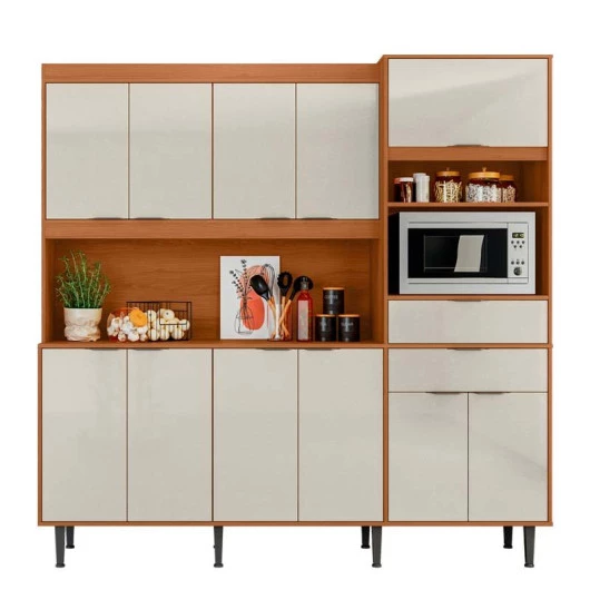 Cozinha Completa 200x200cm 11 Portas 2 Gavetas Bahamas Lukaliam Jequitiba/Off White