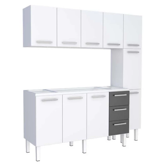 Cozinha Completa de Aço Gabinete Para Pia 160cm com Aéreo e Paneleiro Vênus Cozimax Branco/Preto