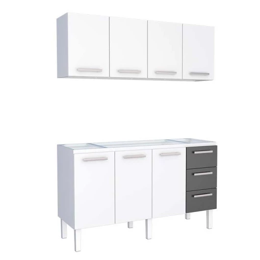 Cozinha de Aço Gabinete Para Pia 160cm com Armário Aéreo Vênus Cozimax Branco/Preto