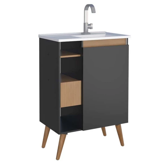 Gabinete Para Banheiro Madeira Lotus 60 Com Pés Cozimax Jequitiba/Preto