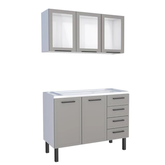 Cozinha Completa Gabinete Para Pia 120 e Armário Aéreo Porta Vidro Juno/Apolo 4 Gavetas Cozimax Cinza Argila
