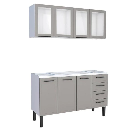 Cozinha Completa Gabinete Para Pia 150 e Armário Aéreo Portas Vidro Juno/Apolo 4 Gavetas Cozimax Cinza Argila