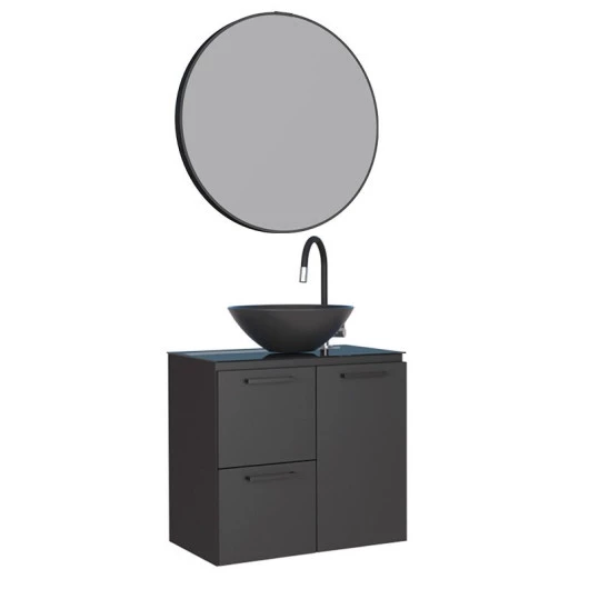 Conjunto Banheiro Aço Gabinete Osiris 60 Com Espelho Luna e Cuba Cuia Preta Cozimax Preto