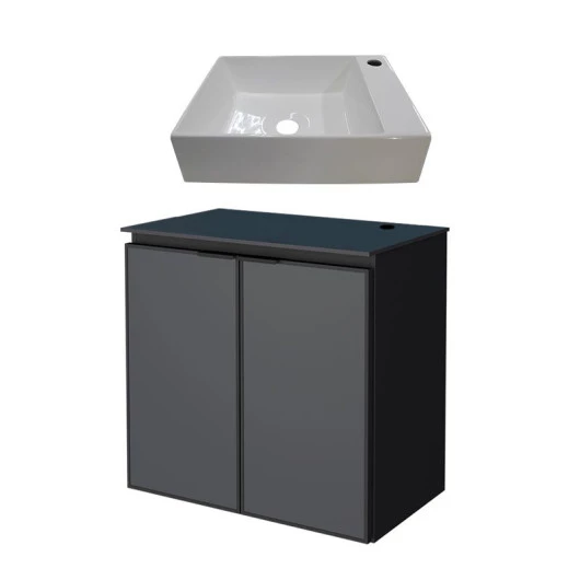 Gabinete Para Banheiro Preto Aço Umbu Tampo Vidro Com Cuba Prisma Base Cozimax 