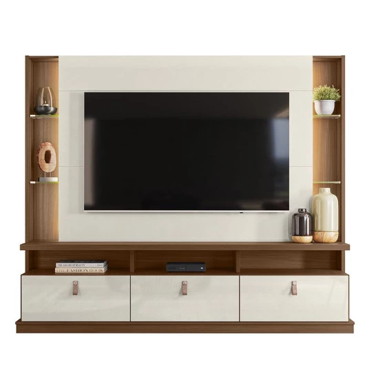Estante Home Para TV 70 Polegadas 207cm Bilbao Lukaliam Cedro/Off White Perolizado