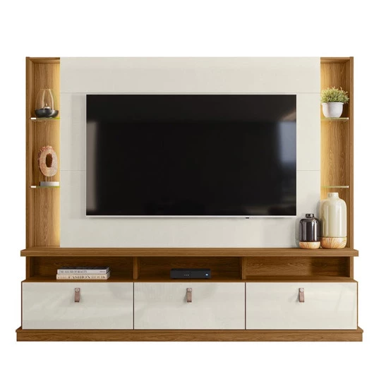 Estante Home Para TV 70 Polegadas 207cm Bilbao Lukaliam Freijo/Off White Perolizado