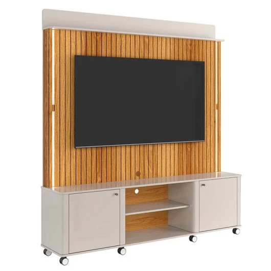 Estante Home Rack Painel Para TV 75 Pol 183cm Florença Lukaliam Off White/Freijo Ripado 3D