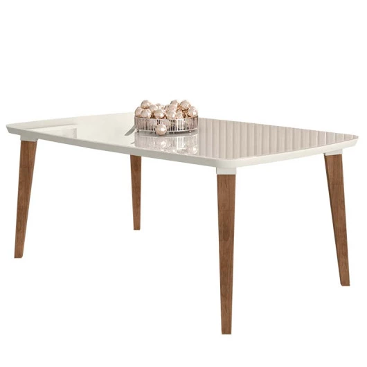 Mesa de Jantar Retrô Tampo Vidro 170x90x78 Pés Trapézio Jade Móveis Off White