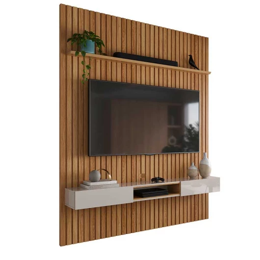 Painel Ripado Bali 190cm x 250cm Para TV 75 Com Bancada Bless Lukaliam Freijo/Off White